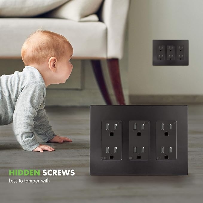 ENERLITES Elite Series Screwless Decorator Wall Plate Child Safe Outlet Cover, Size 3-Gang 4.68" H x 6.53" L, Unbreakable Polycarbonate Thermoplastic, SI8833-DB, Glossy, Dark Bronze