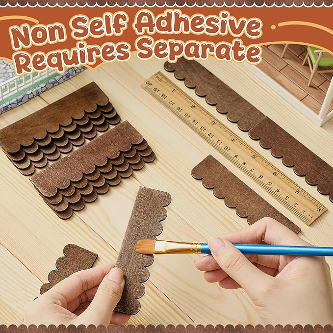 Wenqik 150 Strips Dollhouse Roof Shingles 4.25 x 1.14 Inches Each Mini Fish Scale Wooden Dollhouse Miniature Roofing for 1: 12 Scale Doll House Projects DIY Miniature Landscapes (Brown)