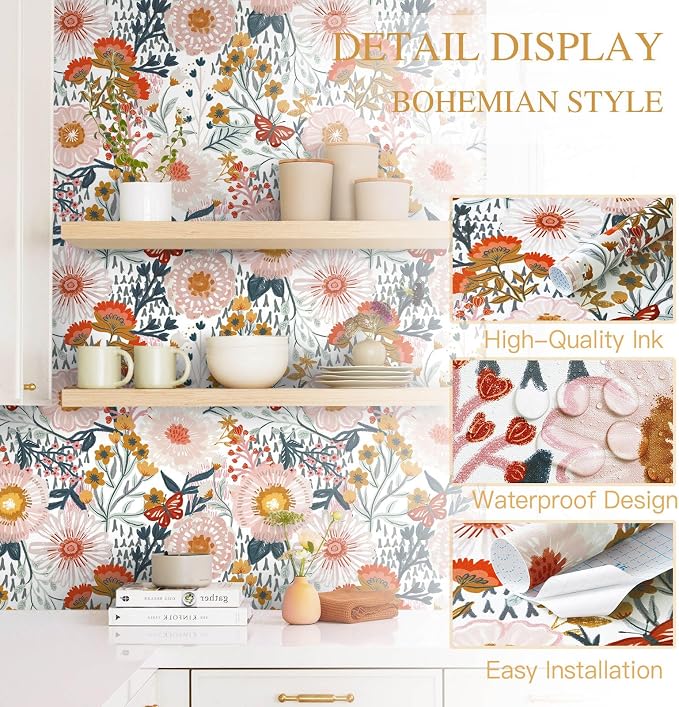 Dimoon Floral Wallpaper Peel and Stick Wallpaper Boho Retro Contact Paper 17.3''x385'' White Bohemian Vintage Removable Wall Paper Renter Friendly Waterproof Wall Mural Bedroom Bathroom Vinyl