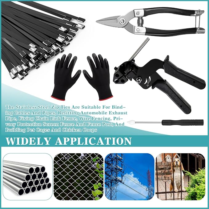 LEIFIDE Stainless Steel Cable Tie Gun Set 200 Pcs 11.8 Inch Heavy Duty Metal Zip Tie Adjustable Fastening Cutting Tool for Outdoor Exhaust Wrapping Fence Workshop (Black)