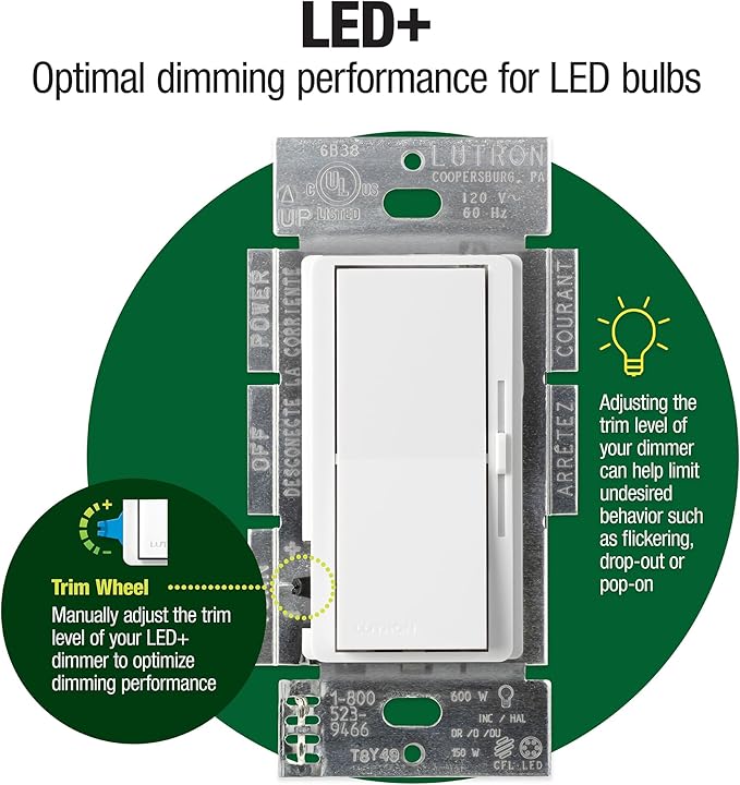 Lutron Diva LED+ Dimmer Light Switch for Dimmable LED, Halogen, and Incandescent Bulbs, 150 Watt, Single-Pole or 3-Way, DVCL-153P-WH, White (2-Pack)