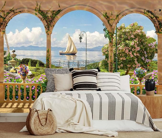 Jdayda Garden Wallpaper Seascape Sailboat | 170"x120" Not Self-Adhesive Wall Mural for Bedroom Living Room