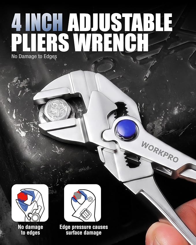WORKPRO 4-Piece Mini Pliers Set with Pouch, Pocket Pliers, EDC Tool Gift | 4-Inch Plier Wrench, Slip Joint Plier, Water Pump Plier, 4.5-Inch Long Nose Slip Joint Plier, Alloy Steel, Anti-Rust Coating