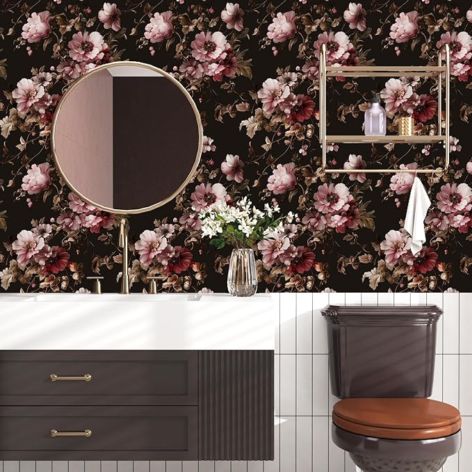 Dark Floral Brown Wallpaper Peel and Stick17.5 × 393", Black Pink | Self Adhesive/Removable/Waterproof/Thick Vinyl Contact Paper for Bathroom Bedroom Shelf Cabinet Drawer,Prepasted,Easy Peel