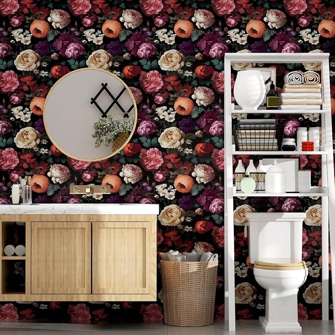 Fvlow Colorful Flower Dark Floral Peel and Stick Wallpaper 17.4" x 118" | Renter Friendly, Removable & Waterproof, Vinyl Easy Install for Bedrooms, Bathrooms, Kitchens, Cabinets and Home Decor