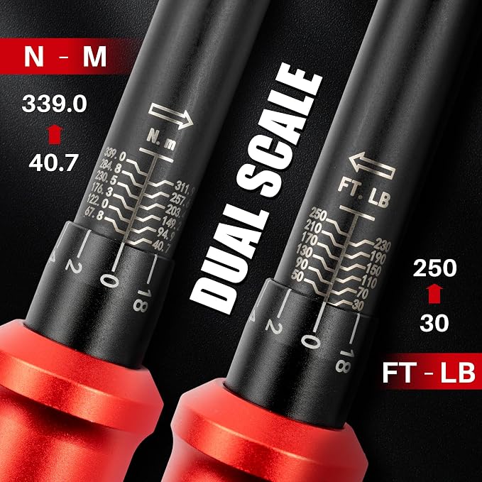 1/2-Inch Drive Click Torque Wrench-30-250Ft.Lb for Car Truck Repair | Adjustable Inch Pound Wrench (40-339Nm), Dual Range 72T Dual-Direction, 3% Precision for Motorcycle Heavy Equipment Farm DIY