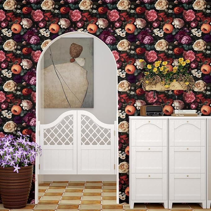 Fvlow Colorful Flower Dark Floral Peel and Stick Wallpaper 17.4" x 394" | Renter Friendly, Removable & Waterproof, Vinyl Easy Install for Bedrooms, Bathrooms, Kitchens, Cabinets and Home Decor