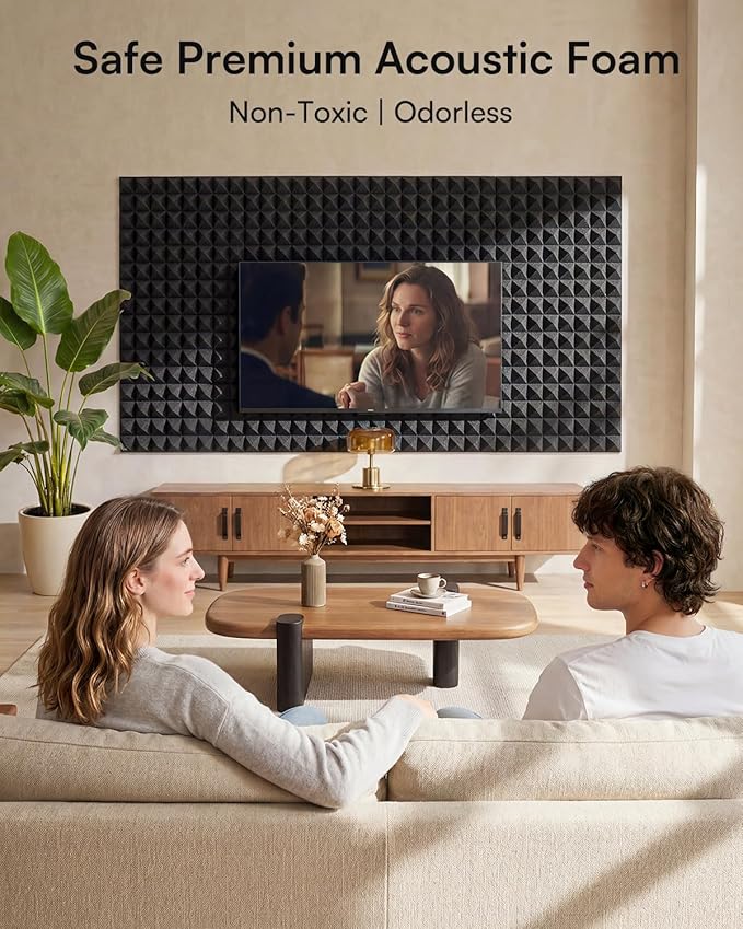 SODOCT 24 Pack 3.2 Inches Extra Thick Pyramid Acoustic Foam Panels, 12 x 12 Inches High Density Soundproofing Foam for Walls, Professional Sound Absorbing Panels for Studio, Podcasting, Cinema