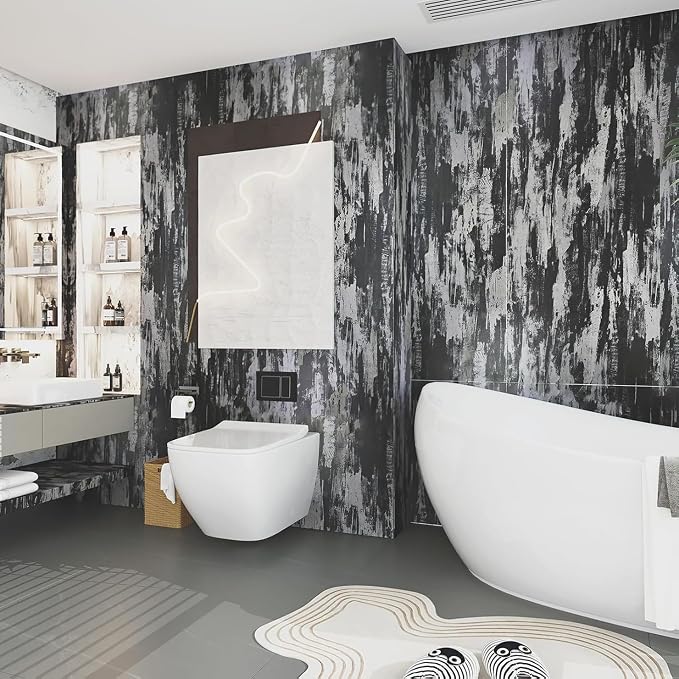 BOMENG Black Concrete Wallpaper Peel and Stick Industrial Cement Wallpaper 32"x353.5" Concrete Contact Paper with Air Guide Slot Design Glossy Wall Paper for Living Room, Hallway, Coffee Shop