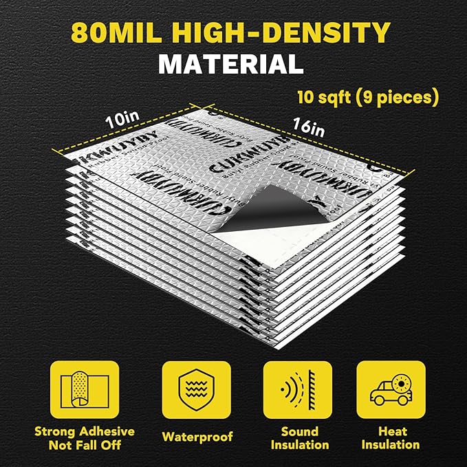 Butyl Sound Deadening 80mil 10sqft Sound Deadening Mat (9pcs) | Car Sound Deadening Material,Sound Deadening for Cars,Automotive Sound Deadener,Noise Insulation,Vibration Dampening Material