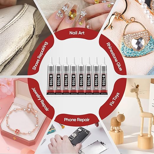 8 PCS 15ml B7000 Glue Clear with Precision Tip, Bedazzling Glue, Super Glues, Rhinestone Glue for Nail, Craft Glues, Jewelry Making, Nail Art, DIY, Makeup, Shoes