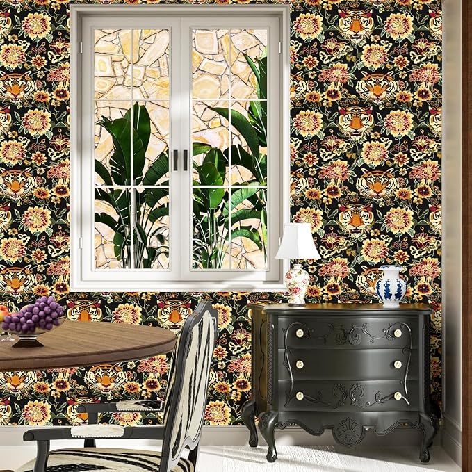 Yellow Gold Vintage Tiger Peel and Stick Wallpaper 17.5" x 393" | Waterproof Vinyl Self Adhesive Removable Renter Friendly Floral Contact Paper