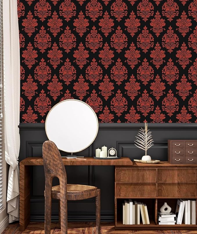 BOKEBEVE Vintage Floral Wallpaper Peel and Stick Burgundy Red 17.5 x 118In | Renter Friendly Contact Paper Self Adhesive Removable Wall Paper for Feature Wall Bedroom Bathroom Halloween Decor