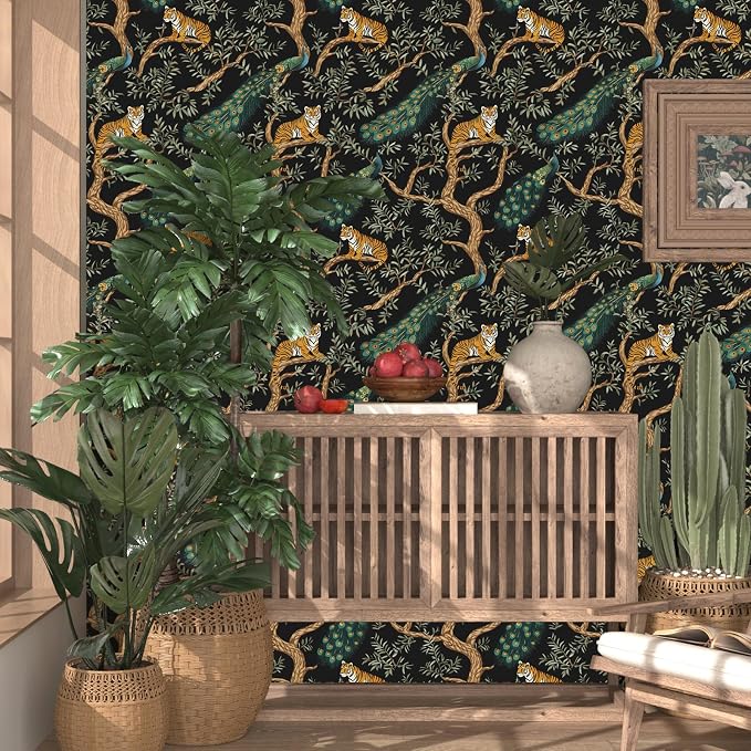 Black Vintage Peacock Tiger Peel and Stick Wallpaper 17.5" x 118" | Waterproof Vinyl Self Adhesive Removable Renter Friendly Floral Contact Paper