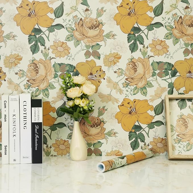 Hopepak 16.1'' x 394'' Floral Peel and Stick Wallpaper Modern Flower Contact Paper Self Adhesive Removable Waterproof Wall Paper for Bedroom Cabinets Living Room Home Decoration