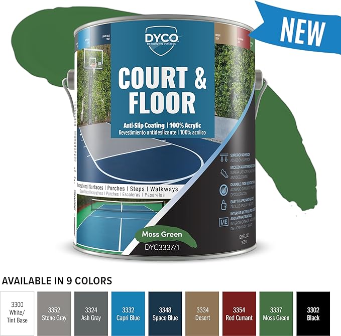 DYCO Court & Floor Anti-Slip Coating - Slip-Resistant Pavement, Cement & Concrete Paint for Pickleball, Tennis & Basketball Courts, Exceeds ADA Standards for Safety Areas (Moss Green, 1 Gallon)