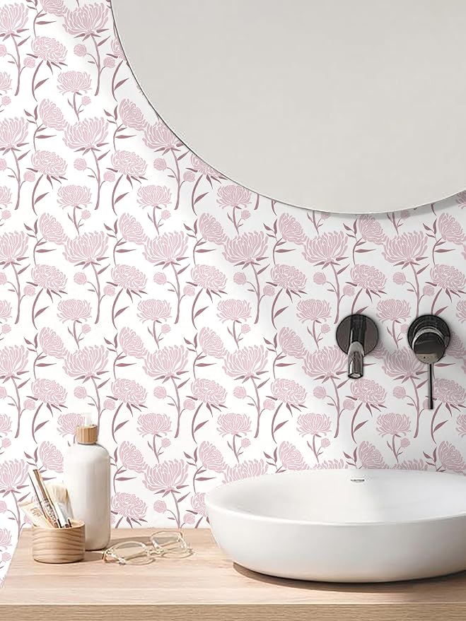 Hopepak Peel and Stick Wallpaper Floral Contact Paper Pink Wall Paper Modern Self Adhesive Removable Vinyl Wallpaper for Bedroom 17.3" x 78.7"