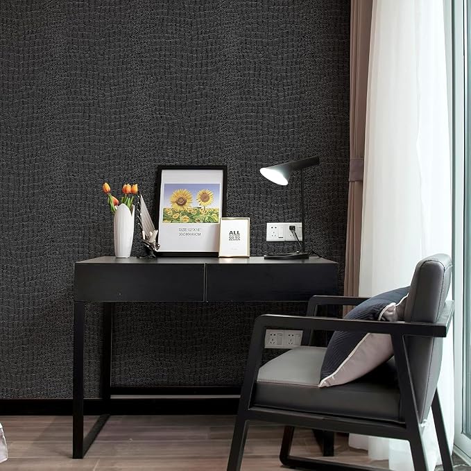 Zeeko Black Crocodile Peel and Stick Wallpaper 17.3" X 984" | Textured Embossed Contact Paper Removable WaterProof Self Adheisve Wall Paper for Cabinet Bedroom Bathroom