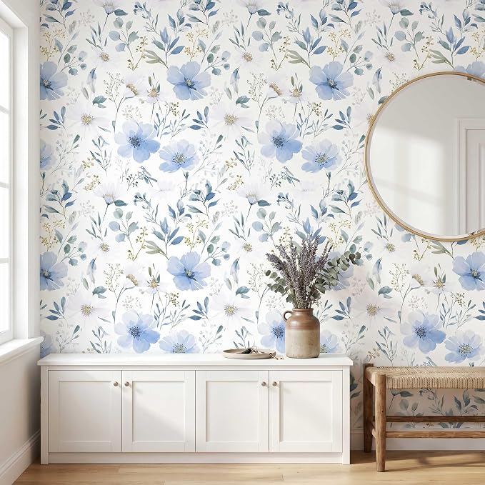 Light Blue Floral Peel and Stick Wallpaper, 17.7in x 118in | Self-adhesive and removable watercolor flower design for bedroom, living room, and accent wall