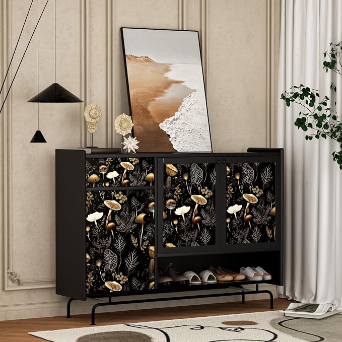Laatse Black Gold Wallpaper Peel and Stick Dark Floral Contact Paper 17.5" x 393" Vinyl Self Adhesive Vintage Mushrooms Wall Mural Leaf Wall Paper for Room Countertop Drawer Decor Cabinet