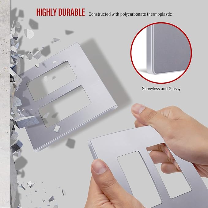 ENERLITES Elite Series Screwless Decorator Wall Plate Child Safe Outlet Cover, Gloss Finish, Size 2-Gang 4.68" H x 4.73" L, Unbreakable Polycarbonate Thermoplastic, SI8832-SV-10PCS, Silver (10 Pack)