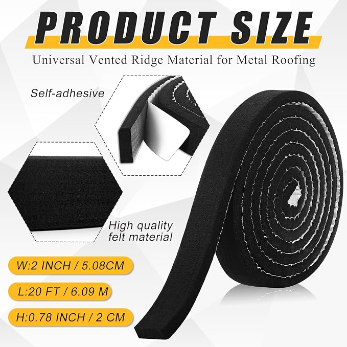 2 Pcs Metal Roofing Universal Vented Ridge Closure Strips 2 W x 20' l (40'l Total) Roof Panel Closure Self Adhesive Felt Tape Waterproof Windproof Seal for Metal Panels Insulation Weather Barrier
