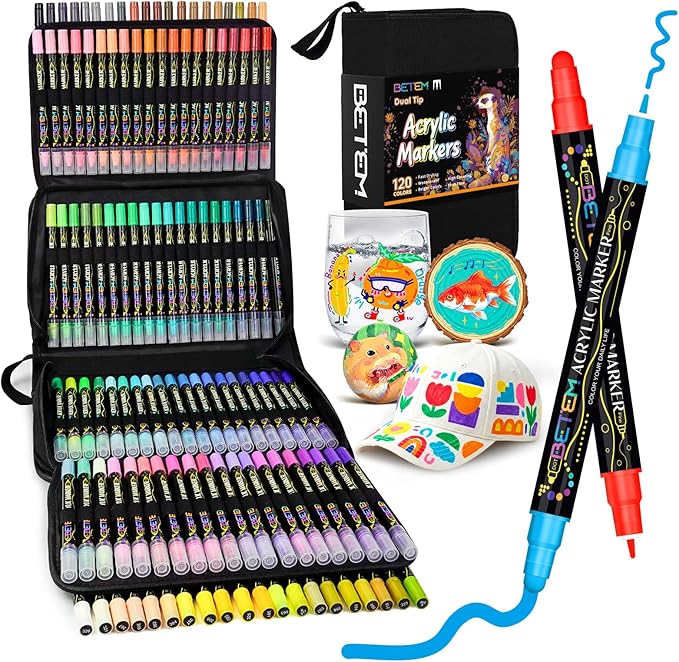 Betem 120 Colors Dual Tip Acrylic Paint Markers, Fabric Decorating Kits Premium Water-Based Acrylic Paint Pens Art Supplies for Fabric, Rock, Wood, Glass, Canvas, Ceramic, Teacher Appreciation Gift