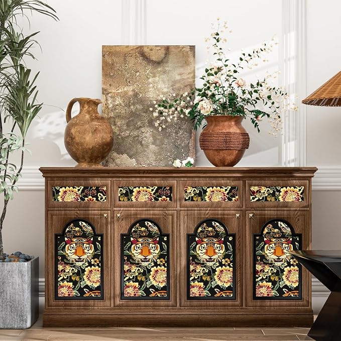 Yellow Gold Vintage Tiger Peel and Stick Wallpaper 17.5" x 393" | Waterproof Vinyl Self Adhesive Removable Renter Friendly Floral Contact Paper