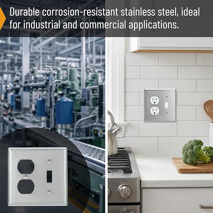 Bates- 2-Gang Combination Wall Plate, Standard Size, Silver Stainless Steel Toggle Light Switch/Duplex Receptacle Outlet, 2 Gang Wall Plate for Electrical Outlets, Double Outlet Cover Plate