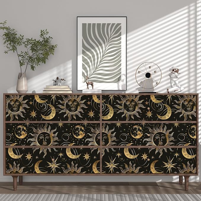 Laatse Black Peel and Stick Removable Vintage Wallpaper Gold Celestial Sun Moon Star Contact Paper 17.5" x 393" Dark Boho Mural Waterproof for Wall Bedroom Kitchen Bathroom Cabinet Room Decor