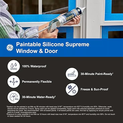 GE Supreme Paintable Silicone Caulk for Window & Door, White, 9.5 fl oz Cartridge, 1 Pack - 100% Waterproof Silicone Sealant, 7X Stronger Adhesion, Freeze & Sun Proof