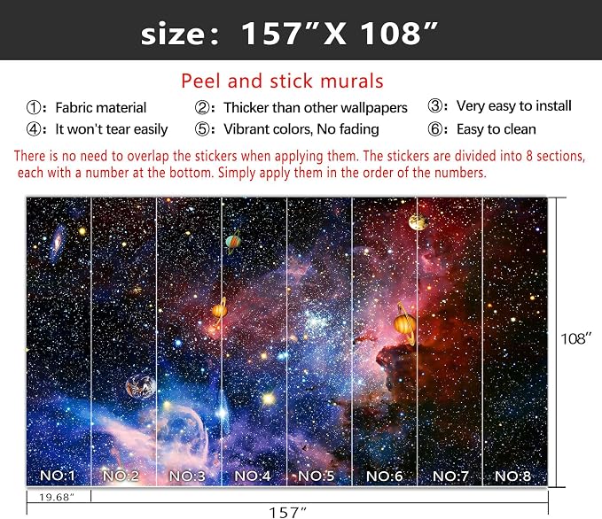 YIHWM-Peel and Stick Galaxy Wallpaper Universe Planet Starry Sky wall Mural | Tear-resistant,with a substantial feel;Will not be damaged during repositioning.Boy's Room,kids room wallpaper.XL-157"x108"