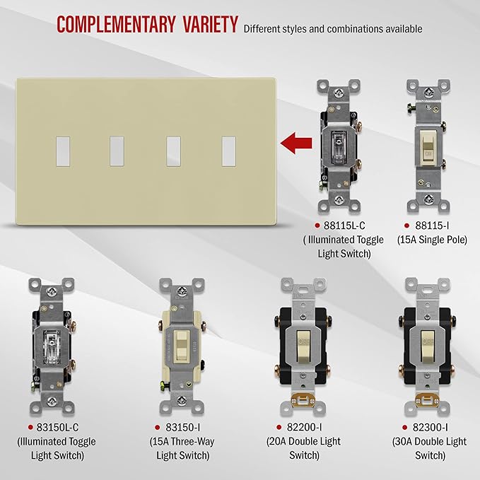 ENERLITES Screwless Quadruple Toggle Switch Wall Plate, Child Safe Light Switch Cover, Standard Size 4-Gang 4.68" x 8.38", Unbreakable Polycarbonate Thermoplastic, UL Listed, SI8814-I, Glossy, Ivory