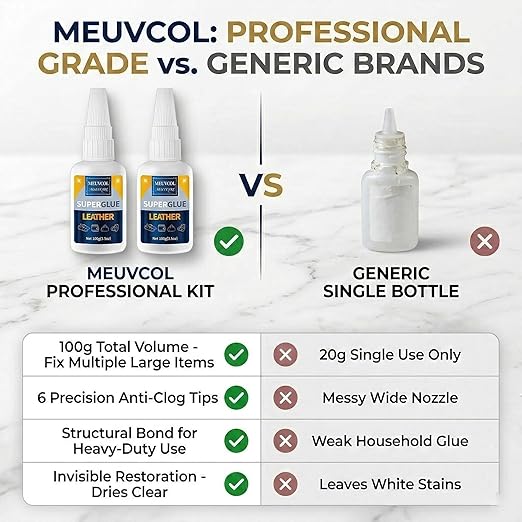 Meuvcol Leather Glue 100g, Fast-Setting Leather Repair Adhesive for Purses, Shoes, Car Seats, Suede & Upholstery, Clear-Drying Strong Bond for Leather, Includes 6 Precision Tips