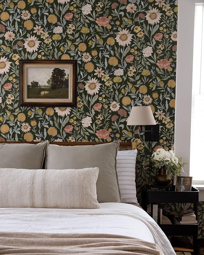 Dimoon Vintage Peel and Stick Wallpaper Boho Dark Floral Contact Paper 17.3''x197'' Retro Rustic Pink Removable Wall Paper Renter Friendly Texture Black Wallpaper for Bedroom Bathroom Cabinets Vinyl