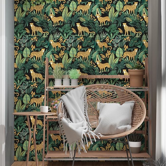 Black Gold Vintage Leopard Peel and Stick Wallpaper 17.5" x 393" | Waterproof Vinyl Self Adhesive Removable Renter Friendly Floral Contact Paper