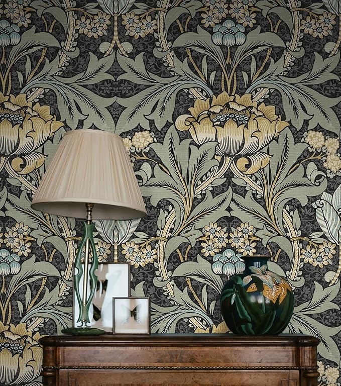 NextWall Acanthus Floral Peel and Stick Wallpaper (Charocal & Goldenrod)