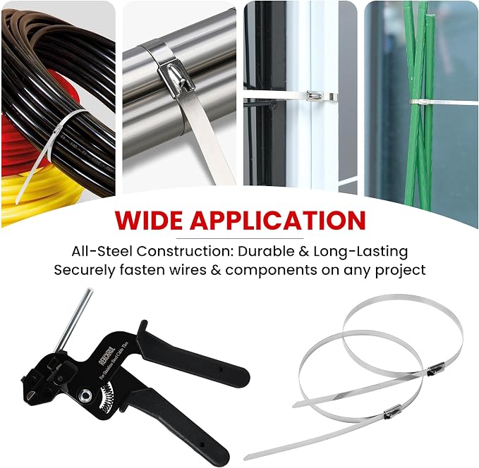 Stainless Steel Cable Tie Gun Set Metal Zip Tie Tool Kit (Black) | Heavy Duty, 150PCS Self-Locking Ties, Adjustable Fastening & Cutting Tool for Outdoor Fencing, Automotive, Exhaust Pipes