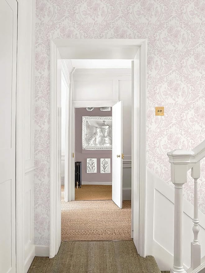 Ismoon Peel and Stick Wallpaper Vintage Floral Contact Paper Boho Watercolor Pink Damask Wallpaper Textured Removable Self Adhesive Vinyl Wall Paper for Bedroom, 17.3inx49ft