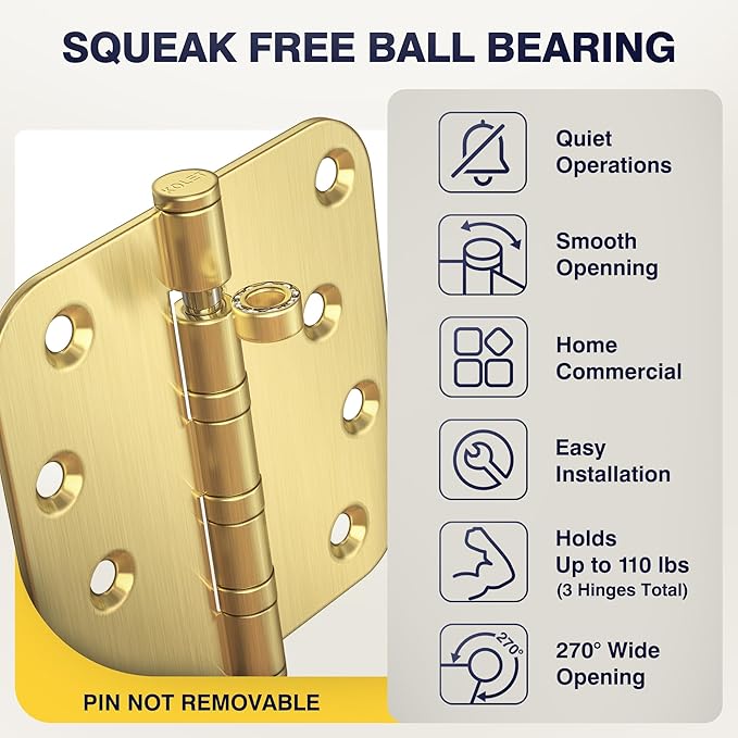 KOLET Ball Bearing Door Hinges, 4 x 4 Inches Brushed Gold Door Hinges, Heavy Duty Stainless Steel Hinges, 5/8'' Radius Corner, Smooth and Quiet, Non Removable Pin, Brushed Gold, 3 Pack