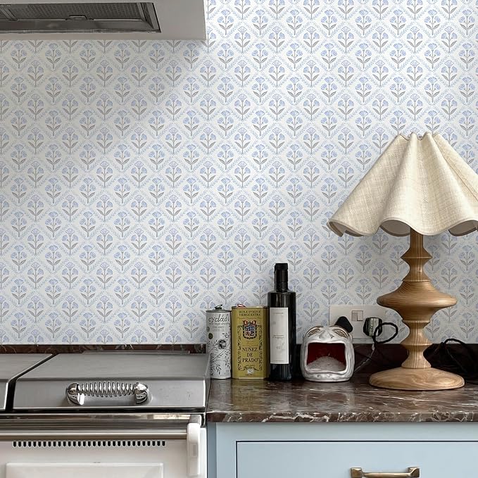 Dimoon Blue Peel and Stick Wallpaper Retro Floral Contact Paper Vintage Boho Cute Wallpaper Renter Friendly Removable Geometric Wall Paper for Bathroom Kitchen Textured Vinyl 17.3''x78.7''