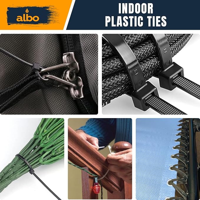 ALBO Zip Ties Black 8 Inch 5000 Pack 40 lb, Long Plastic Cable Ties Thick 0.14 Inch Tie Wraps Heavy Duty UV Resistant Nylon Wire Ties for Indoor and Outdoor / 5000pcs
