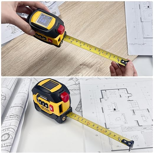 Laser Tape Measure 3 in 1 with Laser Level Crosshairs |196ft/60m Laser Distance+16ft/5m AutoLock Tape |Backlit LCD Display (Ft/Inch/M/mm) |for DIY,Construction, Interior Design (Yellow)
