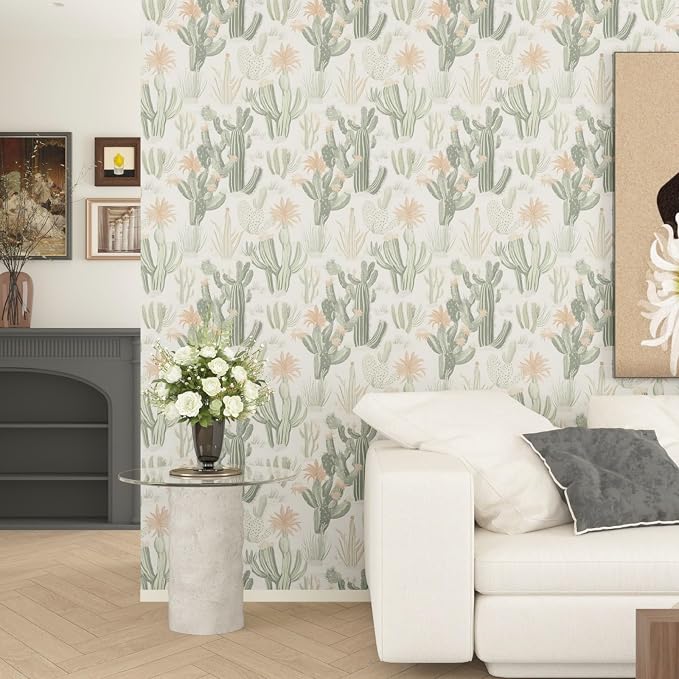 Light Cactus Floral Peel and Stick Wallpaper 17.5" x 393",Beige | Self Adhesive/Removable/Waterproof/Thick Vinyl Contact Paper for Bathroom Bedroom Shelf Cabinet Drawer,Prepasted,Easy Peel