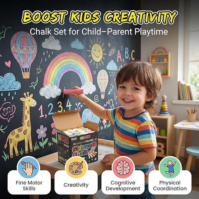 16 PCS Sidewalk Chalk for Kids - 16 Colors, Non-Toxic Washable Jumbo Outdoor Chalks - Set of Outdoor Paint for Kids and Toddlers - Chalkboard Toys - Perfect for Party & Creative Play