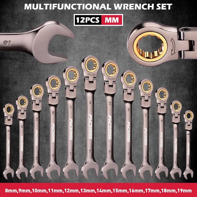 SEDY Premium 12-Piece Metric Flex-Head Ratchet Wrenches Set 8-19mm with Magnetic Organizer, Cr-V Steel Ratcheting Wrench Set with 72 Teeth 180° Flex Head, Ratchet Combination Wrench Set for Repair
