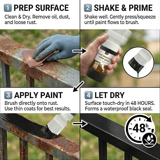Black 2-in-1 Rust Converter & Touch Up Paint, 6.35 Fl oz, Rust Inhibitor & Anti-Rust Coating for Metal, Automotive, Chassis, UV Resistant