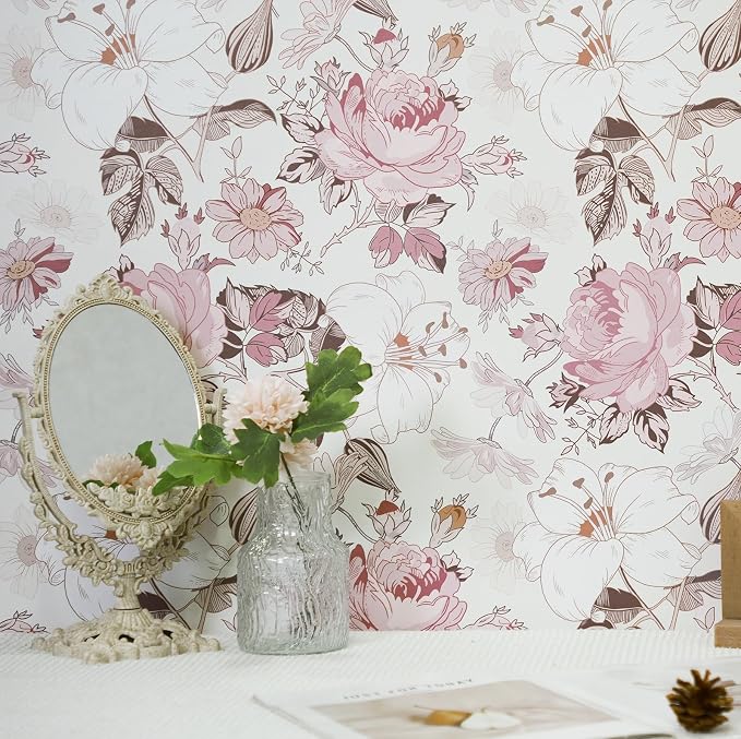 Hopepak 16.1''x394'' Floral Peel and Stick Wallpaper Modern Pink Contact Paper Removable Self Adhesive Wall Paper for Bedroom Bathroom Cabinets Decor Waterproof Vinyl