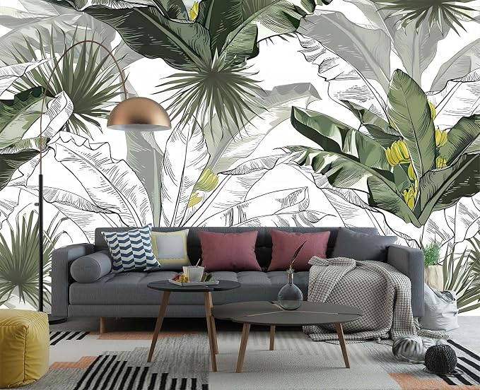 YIHWM-Peel and Stick Tropical Leaf Wallpaper Botanical Banana Leaf Mural | Tear-resistant,with a substantial feel;Will not be damaged during repositioning.Bathroom,Bedroom wallpaper.L-137"x96"