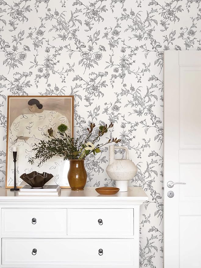 Ismoon Peel and Stick Wallpaper Floral Vintage Stick on Wall Paper Black and White Contact Paper for Cabinet French Textured Removable Self Adhesive Wallpaper Vinyl for Bedroom Wall Deco 17.3 x 196in